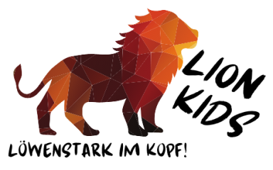 logo lion kids - ein stilisierter löwe mit dem Slogan "Lion Kids - Löwenstark im Kopf
